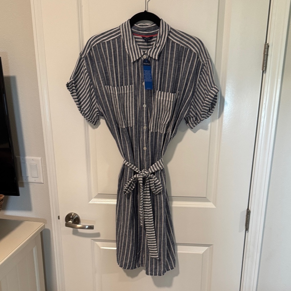 Nautica Navy and White Striped Button Front Linen Dress
